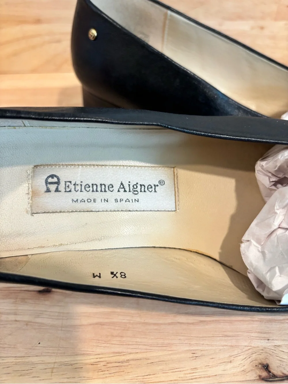 Etienne Aigner Black Low Block Heel Leather Pumps size 8.5
